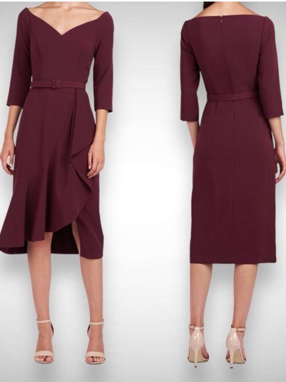 NEW Kay Unger Izzy Ruffle Side Slit Midi Dress Molasses Purple Sz 2